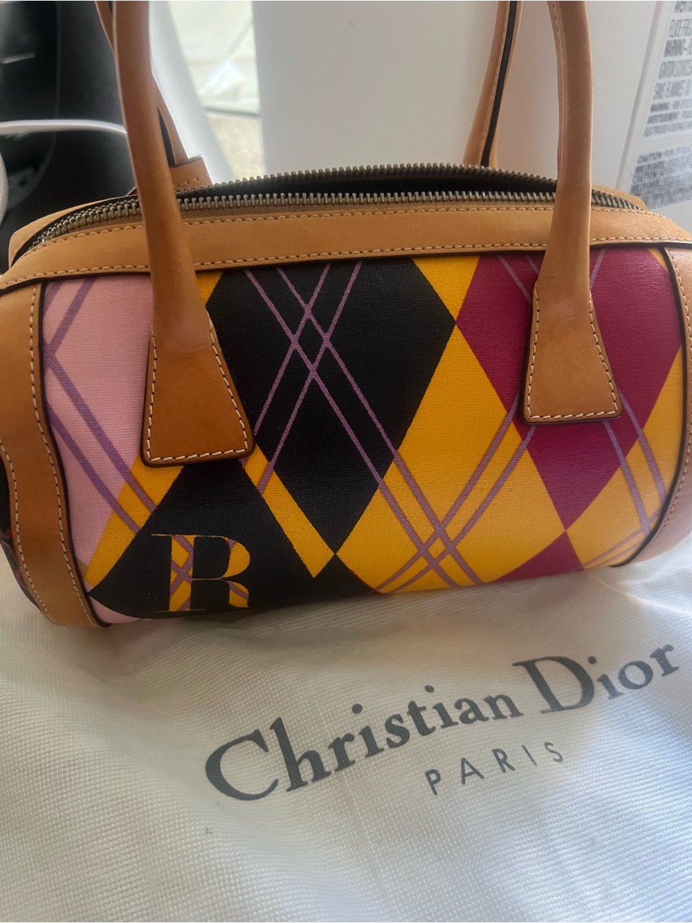 Authentic 2004 Christian Dior Multicolor Argyle Mini Barrel Bag by John Galliano